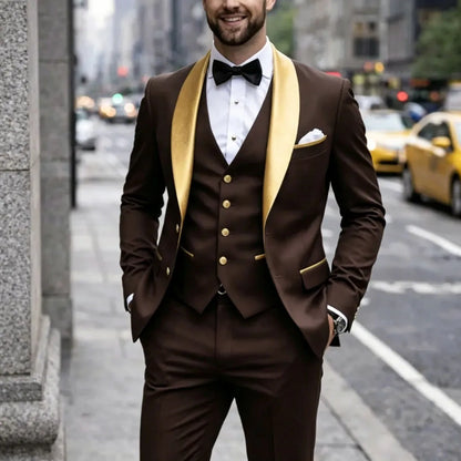 Men Suit Dark Green 3 Piece With Gold Lapel Single Button For Wedding Birthday Banquet Party Business Work Jacket Vest Pants