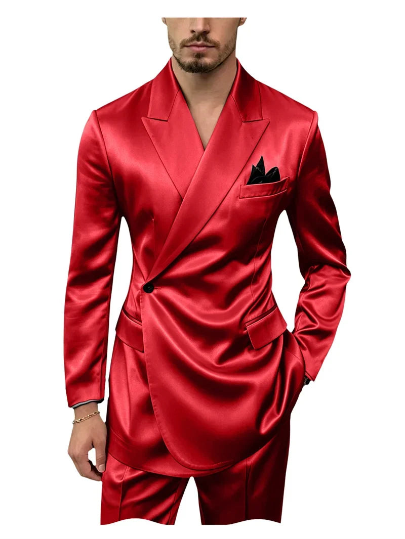 Men's 2 Piece Satin Suit Asymmetrical Wrap Peak Lapel Suit One Button Slim Fit Blazer Pants Wedding Formal Evening Luxury Outfit