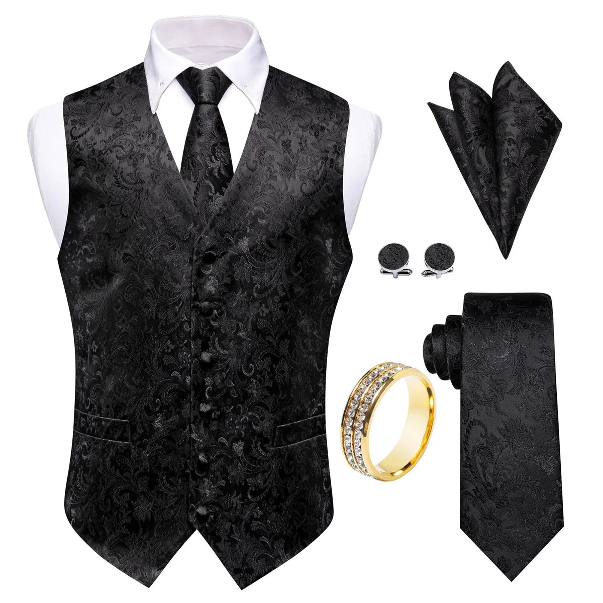 Men's Paisley Jacquard Vest 5-Piece Outfit with Tie, Pocket Square, Cufflinks & Ring – Matte Black Formal Set