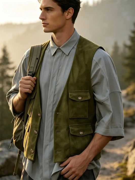 Men's Vest Faux Suede Multi-Pocket Safari Gilet for Casual & Outdoor Wear