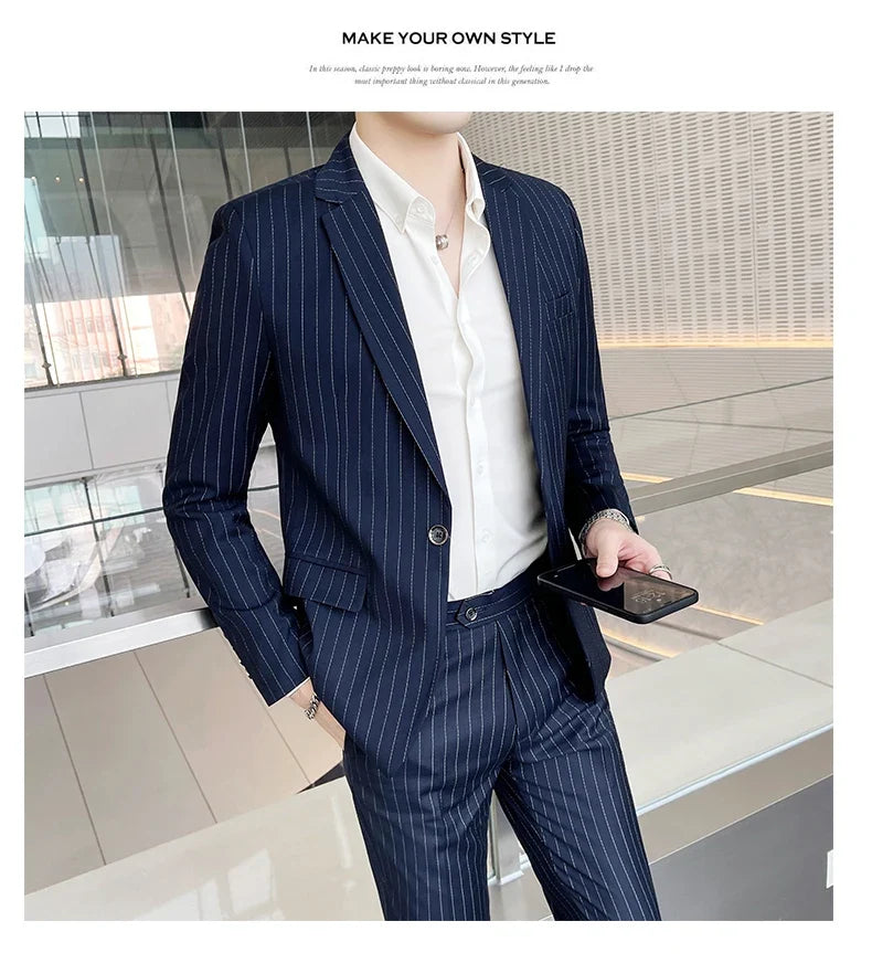 Men's Fashion High-Quality Slim Fit Two-Piece Suit Set Spring Autumn Stripes Business Casual Trousers And Jacket Combo