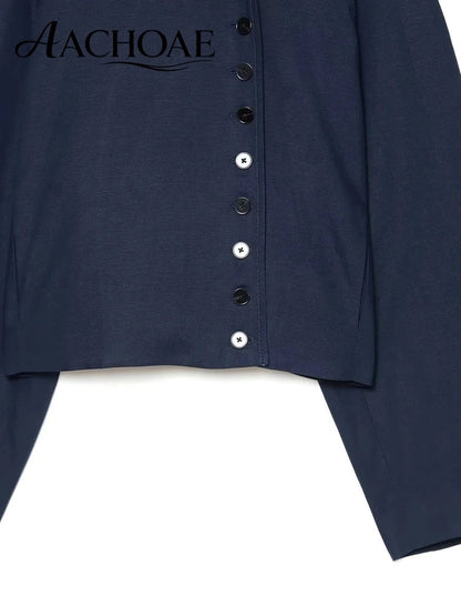 Women Collarless Cropped Blazer Round Neck Button Front Short Jacket Minimalist Loose Office Lady Casual Outerwear
