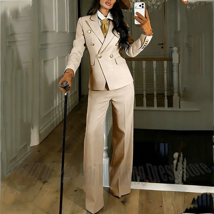 Navy Blue Women's Suit Regular Fitted Customized Peaked Lapel Blazer Professional Outfit(Jacket+Pants) Office Lady Daily Set