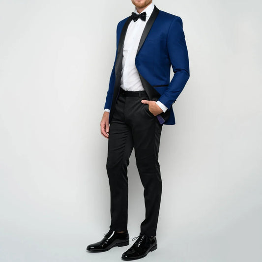 Men Suit 2 Pieces Blau With Black Bright Lapel Single Button For Wedding Banquet Party Prom Business Work Jacket With Pants