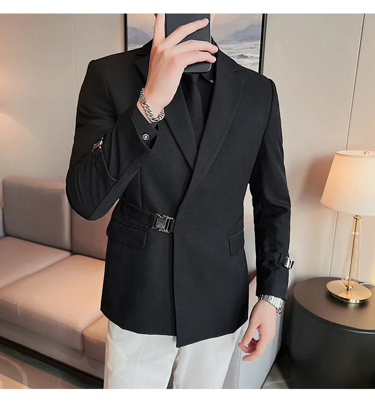 Men's Slim Fit Blazer Metal Buckle Decoration Smart Casual Wedding Party Jacket