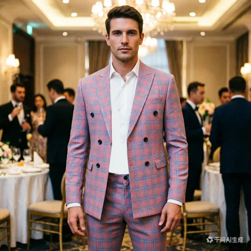 (Jacket + Pants) Men Wedding Party Double Breasted Suits New Male Slim Fit Flip Collar Formal Dress Set