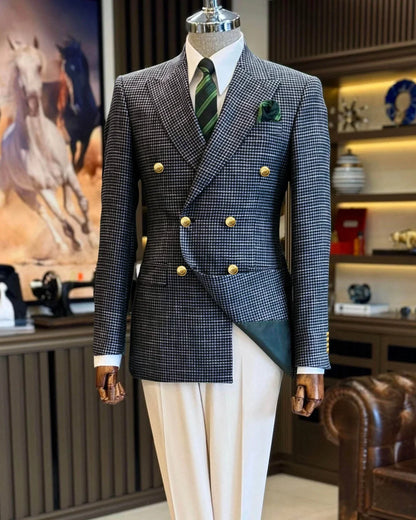 Black Men's Suit Jacket Houndstooth Peak Lapel Double Breasted Business Regular Fit Blazer Man plus size custom suit Coat
