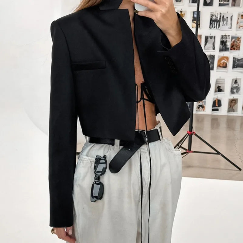 Womens Black Cropped Stand Collar Long Sleeve Blazer Jacket 2026 New Spring Fall Office Niche Design Chic Trendy Classy Workwear