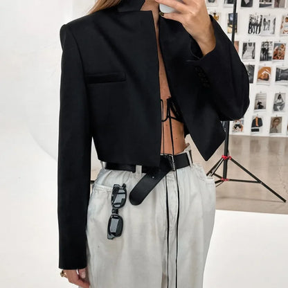 Womens Black Cropped Stand Collar Long Sleeve Blazer Jacket 2026 New Spring Fall Office Niche Design Chic Trendy Classy Workwear