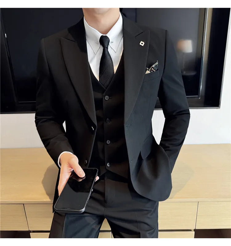 Men's 3 Piece Suit Set Double‑Button Solid Color Slim Fit Business Casual Wedding Banquet Party Jacket Vest Pants Formal Outfit