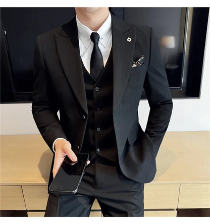Men's 3 Piece Suit Set Double‑Button Solid Color Slim Fit Business Casual Wedding Banquet Party Jacket Vest Pants Formal Outfit