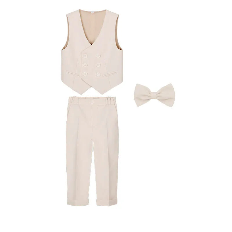Gentleman Kids Beige Jacket Vest Pants Bowtie Brooch Photograph Suit Children Piano Dress Boys Easter Host Performance Costume