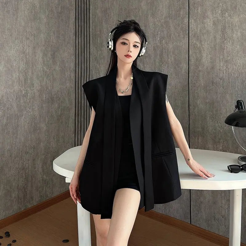 Women Black Blazer Vest Spring Autumn Casual Sleeveless Suits Jacket Female Korean All-Match Blazers Waistcoat Loose Outwear Top