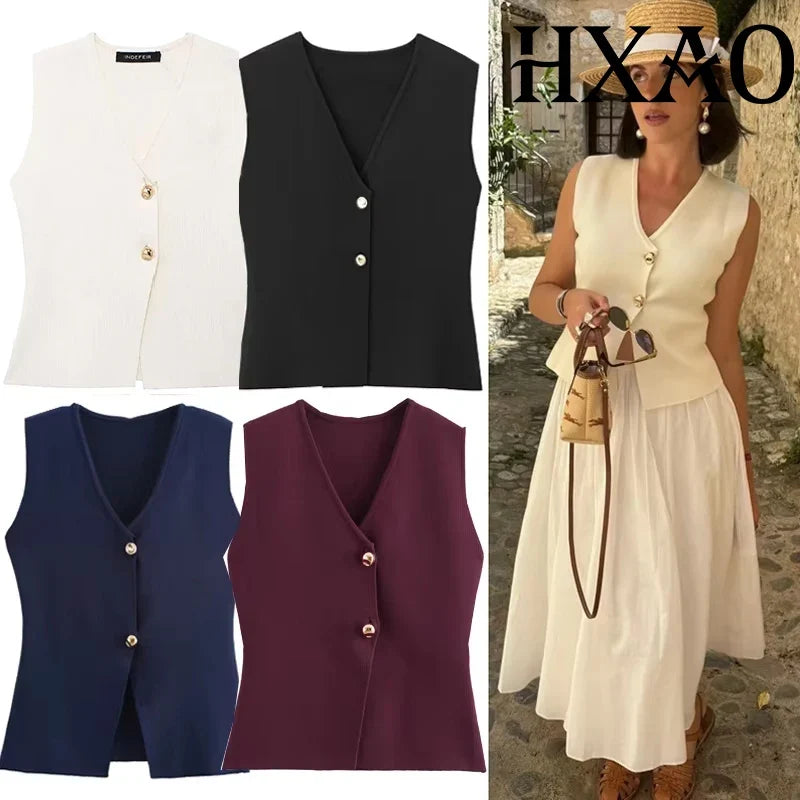 Cropped Knit Vest For Women Spring Sleeveless Vest Woman Fashion Slim Black Vest Elegant Solid Knitted Sweater Vests Top