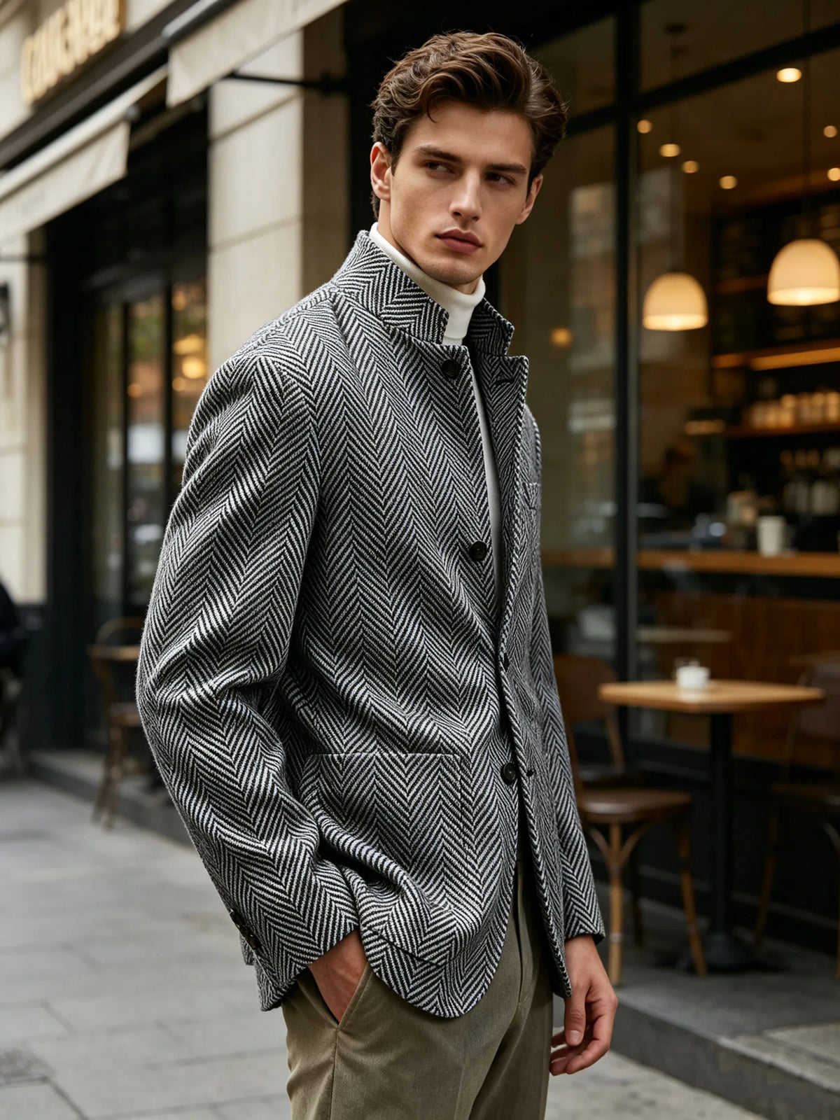 Men's Herringbone Tweed Stand Collar Blazer  Notch Lapel Slim Fit Wool Blend Sport Coat Business Casual Wedding Prom Man Jackets