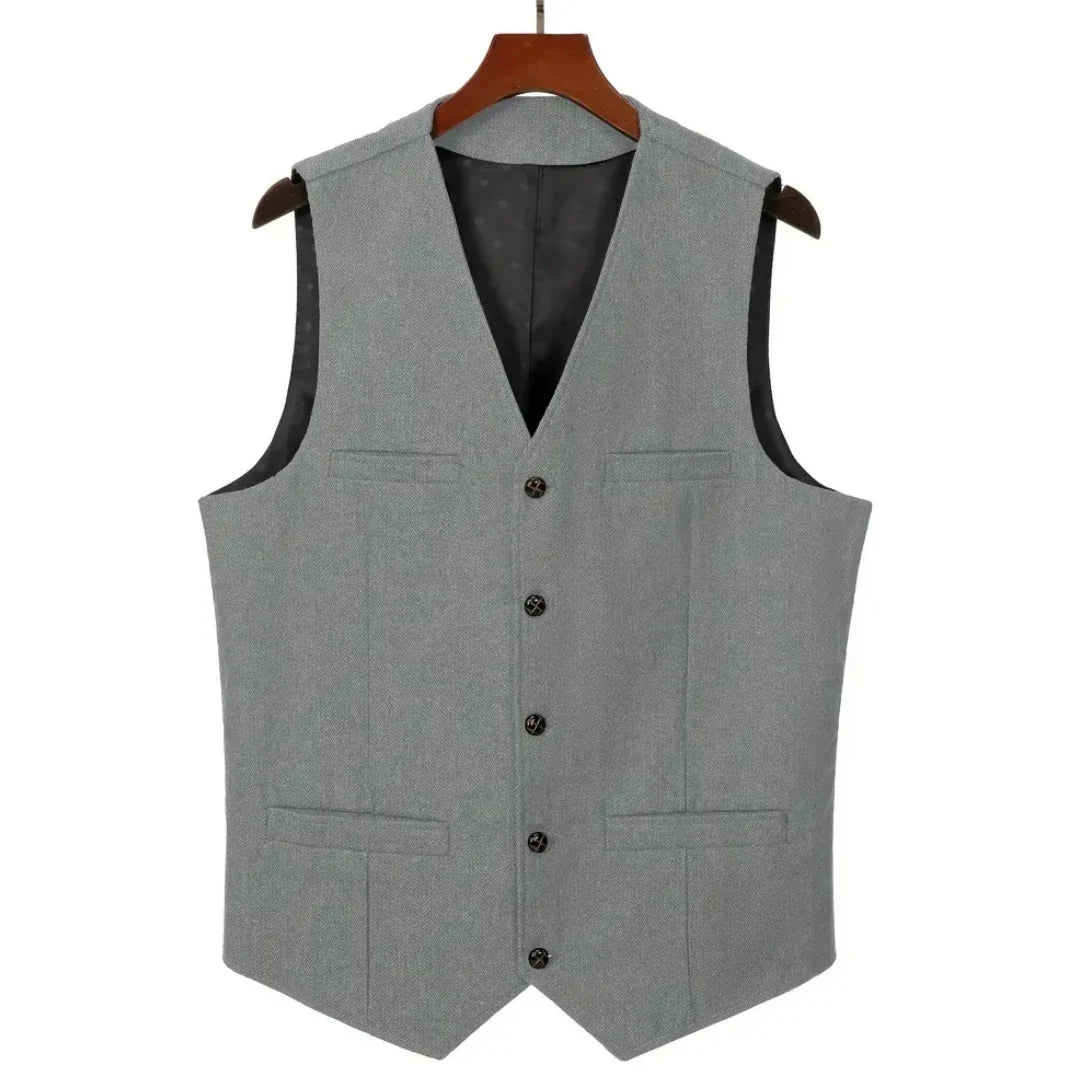Men's Herringbone Suit Vest – V-Neck Single Button Waistcoat for Weddings, Business & Smart Casual Wear