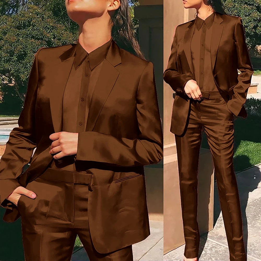Women’s Red Satin Suit 2 Piece (Jacket+Pants) Set Gorgeous Single-breasted Blazer for Evening Party Formal Cocktail Streetwear
