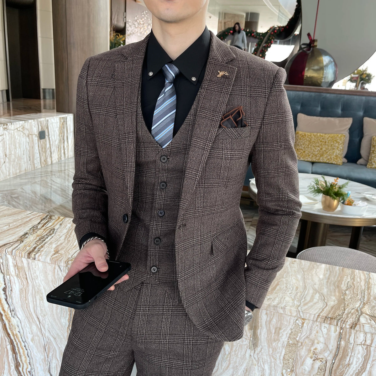 British Korean Style High Quality Modified Plaid Three-Piece Suit for Men - Stylish Business Casual Suit Vest And Trousers Set