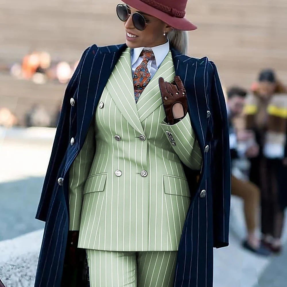 Formal Women's Burgundy Pinstripe Suit with Navy Blue Striped Coat Double Breasted 3Piece Set Elegant Evening Party Outerwears