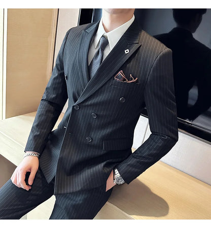 (Jacket + Vest + Pants)Three Piece Set Men Blazers Set stripe Suits Busines Casual Slim Fit Formal Dress Groom Tuxedo Wedding