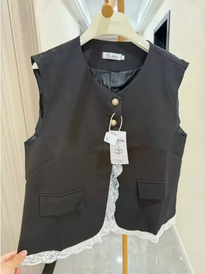 Fashion Loose Lace Patchwork Fake Two-piece Suit Vest Jacket Women's Korean  Spring  Autumn Sleeveless Top