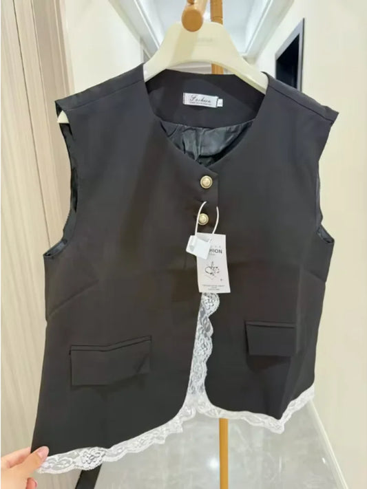 Fashion Loose Lace Patchwork Fake Two-piece Suit Vest Jacket Women's Korean  Spring  Autumn Sleeveless Top