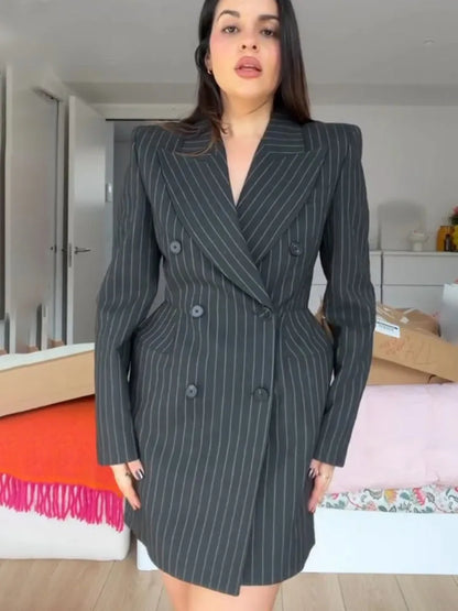 Women New Fashion Charcoal Gray Pinstripe Double-breasted Blazer Coat Female Versatile Lapel Long Sleeve Office Suit Jacket