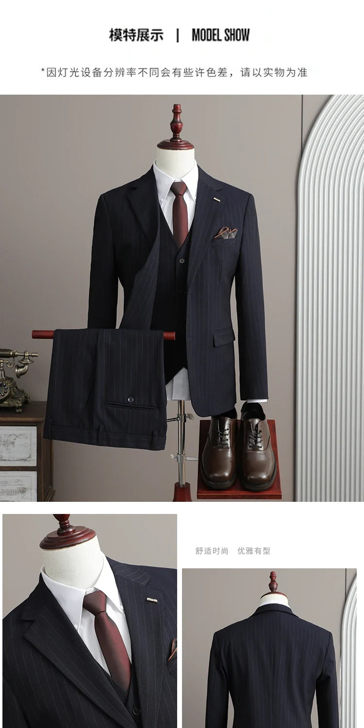 A Stylish and Cool Striped Casual Business Three-Piece Suit Set for the Autumn of 2025, a High-Quality Wedding Suit