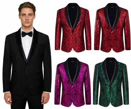 Men's Red Green Pink Black Paisley Pattern Party Blazer Suit Jacket with Lapel