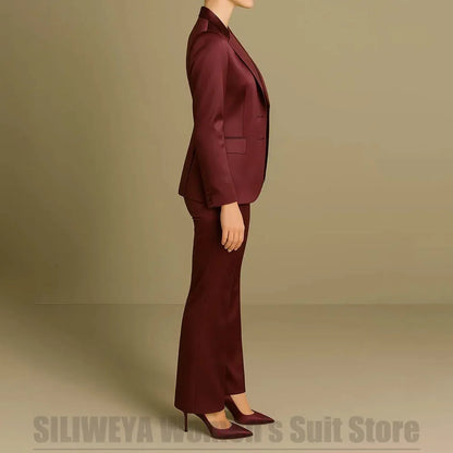 Women's Burgundy Satin 3 Piece Suit Set Fashion One Button Blazer Vest Flared Pants Formal Office Party Prom Wedding Tuxedo