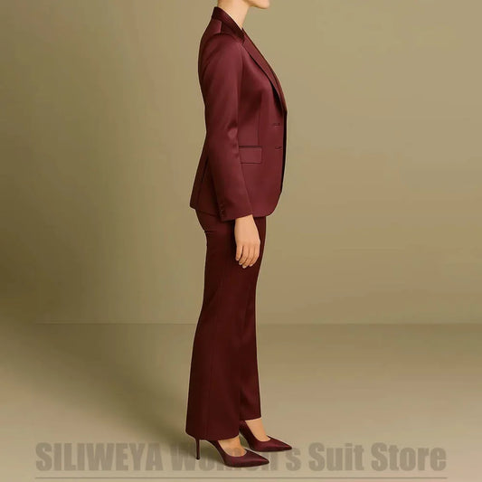 Women's Burgundy Satin 3 Piece Suit Set Fashion One Button Blazer Vest Flared Pants Formal Office Party Prom Wedding Tuxedo