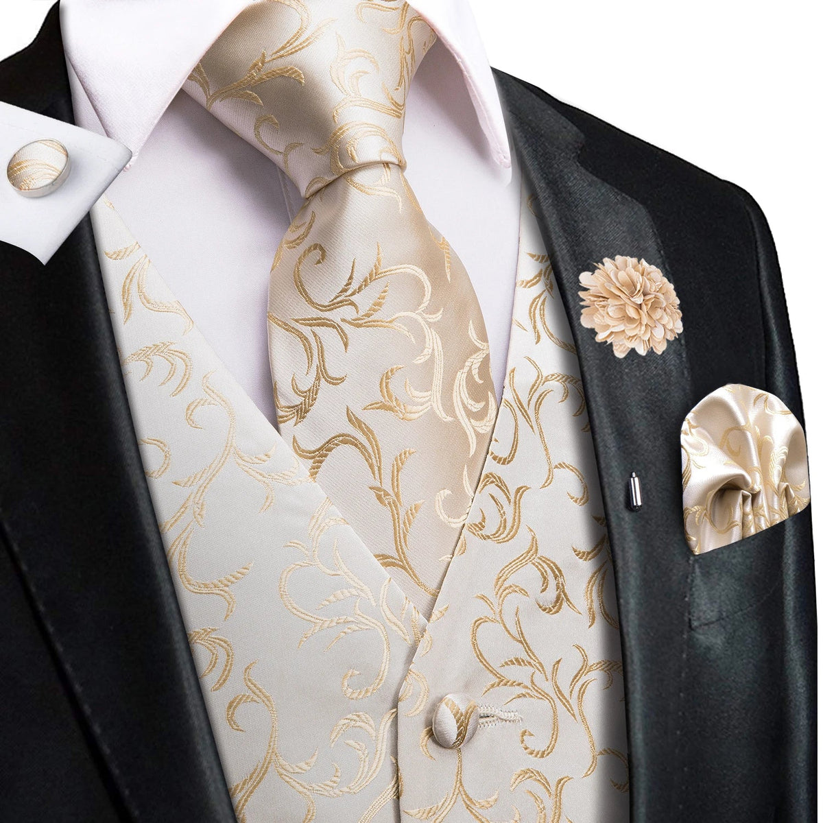 Men's Jacquard Waistcoat Suit Vest with Tie Hanky Cufflinks Brooch Set for Weddings and Business Events
