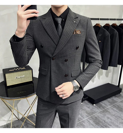 Men's Double-Breasted 2-Piece Suit – Classic Striped, Wedding & Business