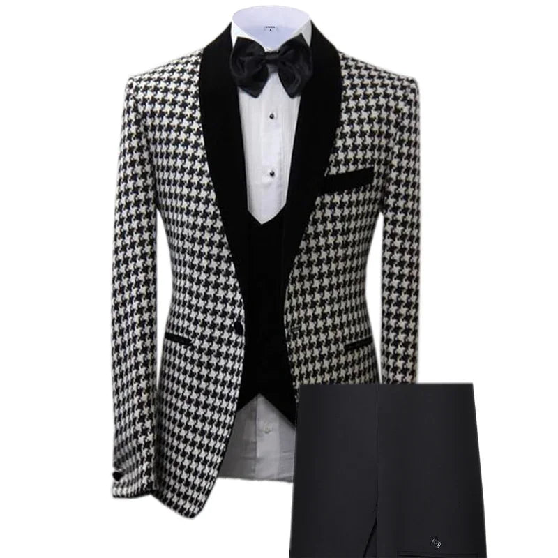 3 Pieces Houndstooth Men Suit Slim Fit Formal Business Casual Suits For Male Wedding Groom Tuxedo Party Suit(Jacket+Pants+Vest )