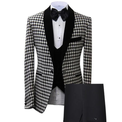 3 Pieces Houndstooth Men Suit Slim Fit Formal Business Casual Suits For Male Wedding Groom Tuxedo Party Suit(Jacket+Pants+Vest )