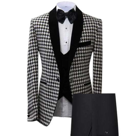 3 Pieces Houndstooth Men Suit Slim Fit Formal Business Casual Suits For Male Wedding Groom Tuxedo Party Suit(Jacket+Pants+Vest )