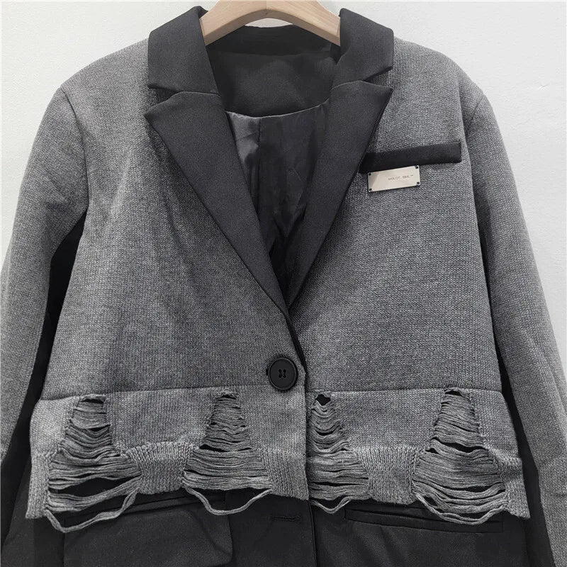 2025 Autumn New Women Blazer Notcged Collar Single Button Distressed Knitted Patchwork Color Block Tide Chic Jacket HK13269