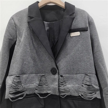 2025 Autumn New Women Blazer Notcged Collar Single Button Distressed Knitted Patchwork Color Block Tide Chic Jacket HK13269
