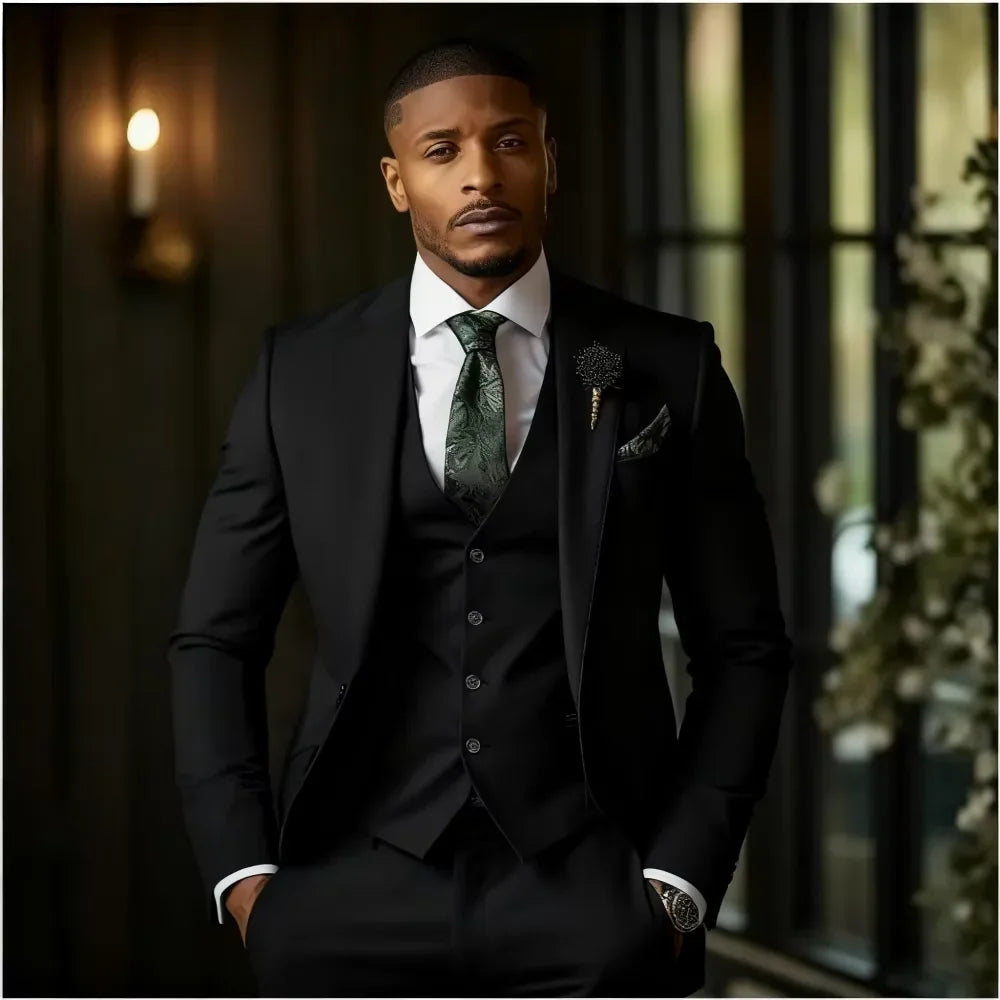 Costume de smoking formel 3 pièces de luxe vert pour homme - Veste élégante à revers cranté + Gilet + Pantalon - Costume de mariage pour garçons d'honneur