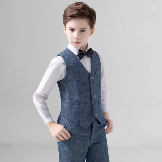 Flower Boys Wedding Outfit Set Kids British Style Vest Pants Bowtie 3Pieces Piano Host Speech Chorus Performance Costume