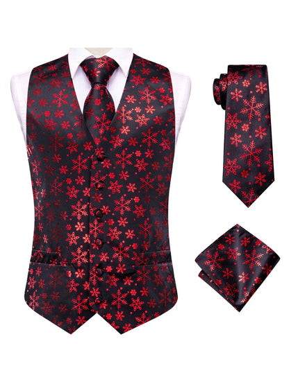 Men's Christmas Print Vest 3-Piece Set with Tie and Pocket Square for Holiday Parties