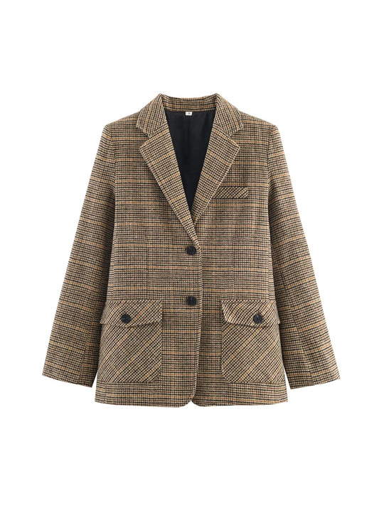 Women Khaki Plaid Blazer Jacket Y2k Harajuku 2000s Vintage Long Sleeve Oversize Single Breasted Suit Coat Outerwear Autumn 2025