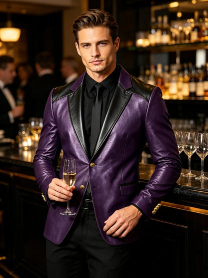 PU Leather Men's Suit Blazer Patchwork Style Wedding Groom Tuxedo Formal Office Prom Jacket High Quality Business Casual Coat