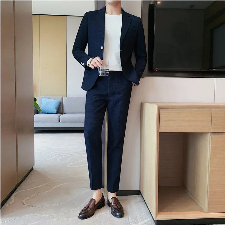 2025 New Waffle Blazers +Pant 2 Piece Set Men Fashion Business Slim Fit Solid Tuxedo Groom Wedding Prom Wear Casual Men's Sets