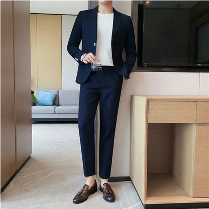 2025 New Waffle Blazers +Pant 2 Piece Set Men Fashion Business Slim Fit Solid Tuxedo Groom Wedding Prom Wear Casual Men's Sets