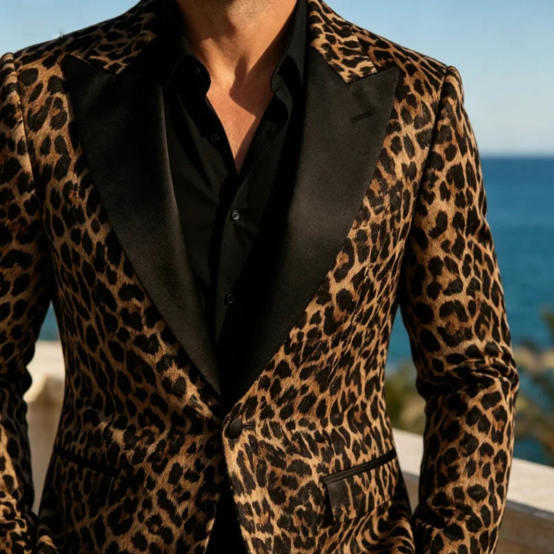 Men's Slim Fit Blazer Leopard Print Satin Lapel Single Button Jacket for Wedding Party