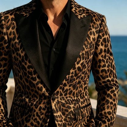 Men's Slim Fit Blazer Leopard Print Satin Lapel Single Button Jacket for Wedding Party