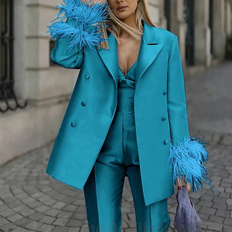 Classic Satin Women's Suit Set 2 Piece Exquisite Feather Double Breasted Jacket With Pants Evening Party Luxury Trouser Suits