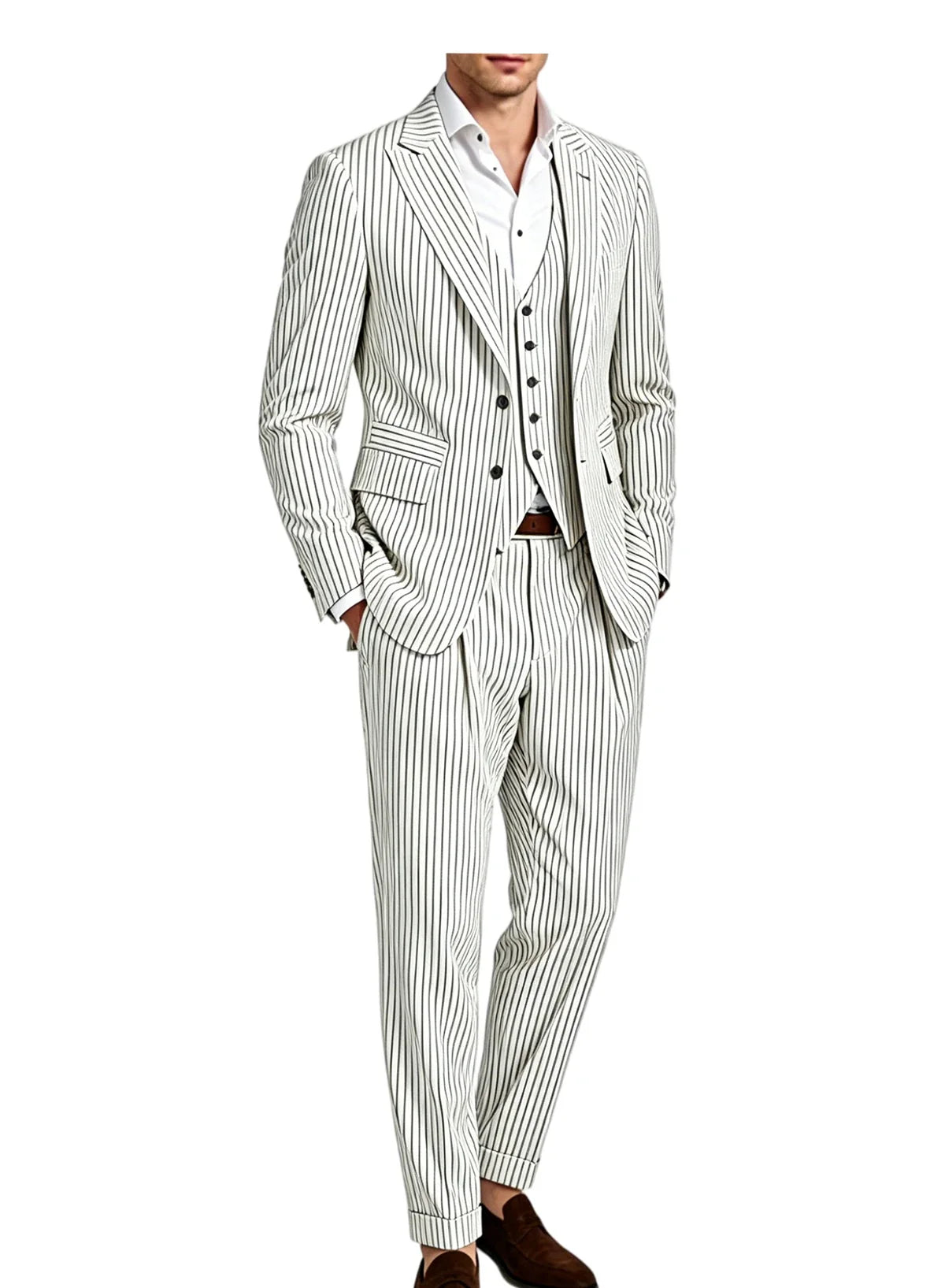 Men's 3-Piece Pinstripe Suit – Slim Fit Notched Lapel Blazer, Vest & Trousers for Wedding & Business
