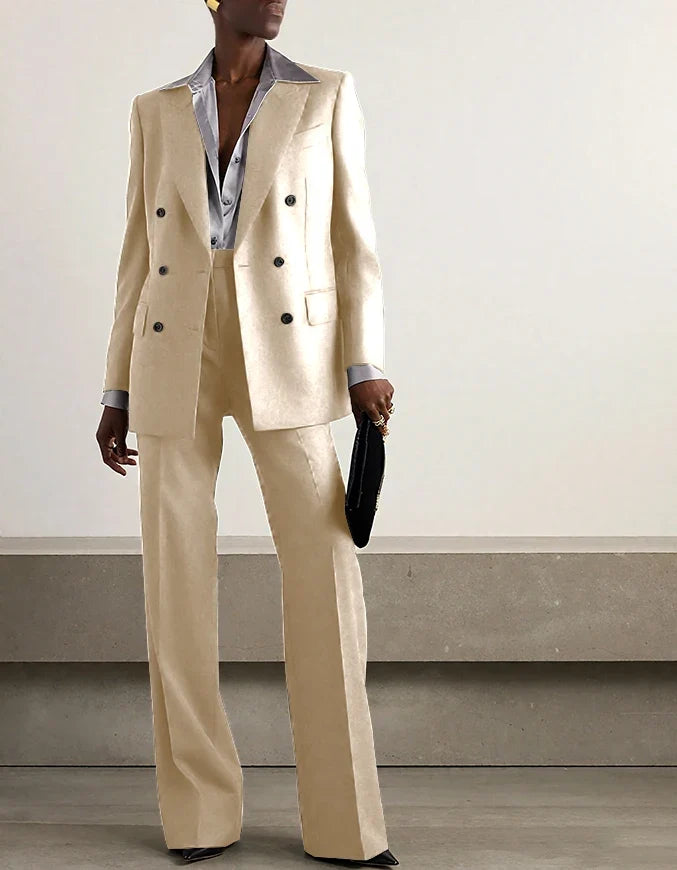 Fashion Grey Double Breasted Women Pants Set High-end Female Two Pieces(Jacket+Trousers)أطقم بناطيل
